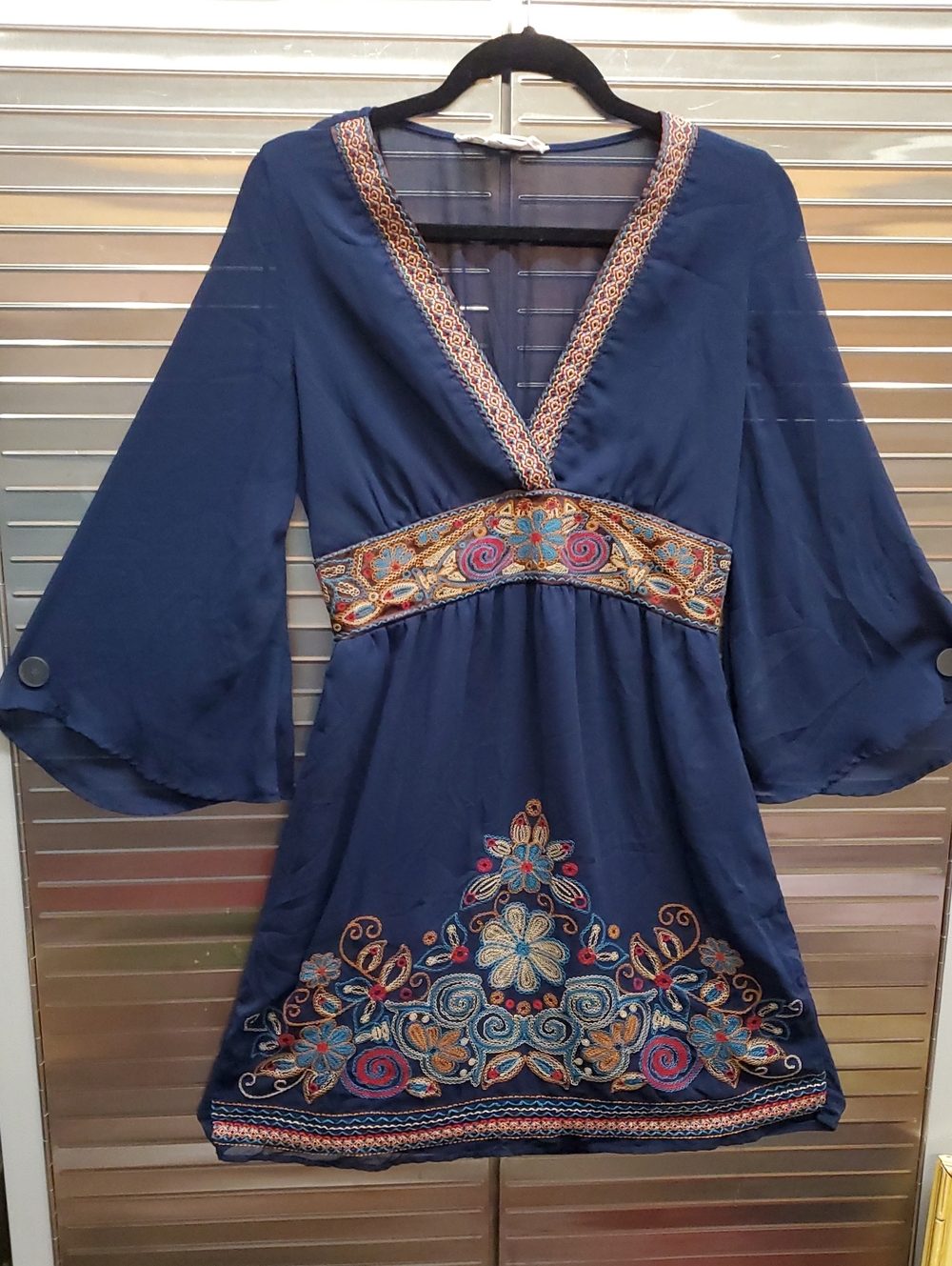 Navy BOHO Floral Embroidered V-Neck Sheer Sleeve Mini Dress